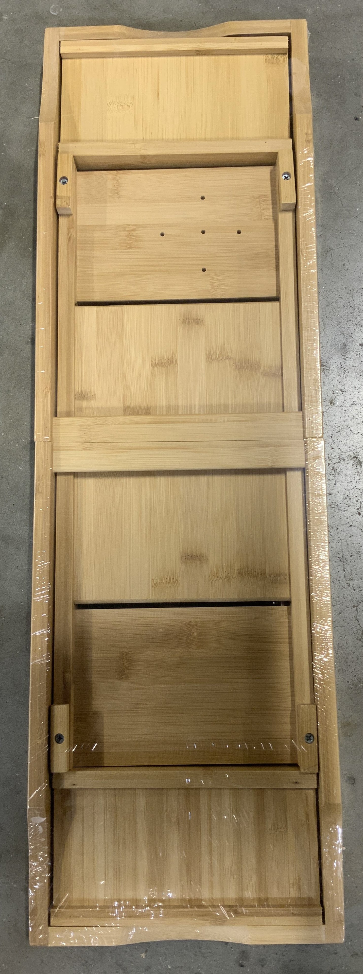 Bamboo Bathtub Tray Caddy NIP: Bamboo Bathtub Tray Caddy NIP Tray caddy designed to rest across the width of a bathtub. BRAND NEW IN PLASTIC. Surface wear consistent to age, use & exposure. Measurements of caddy in plastic: length