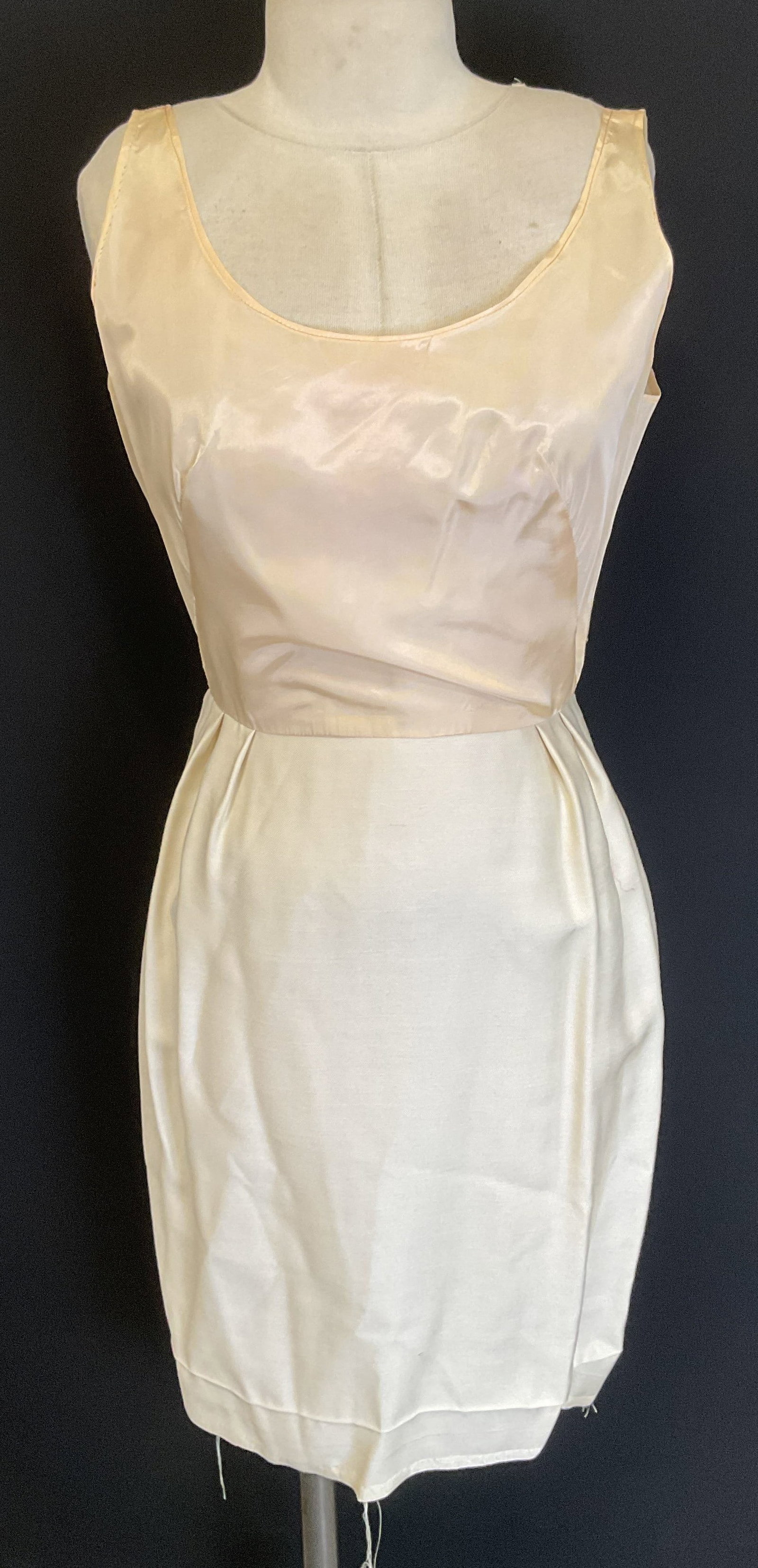 Vintage Pink & White Sleeveless Dress: Vintage pink and white sleeveless fitted dress. Measures approx 16 inches across chest, 12 inches across waist. Synthetic material. Wear including blemishes and pulls. Dress, sleeveless dress, Vintage