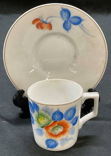 Vtg GEC Porcelain Demitasse & Saucer, Japan: Vintage GEC porcelain demitasse cup and saucer with hand painted floral pattern. Signed. Made in Japan. Saucer approx 4 inches, cup approx 2 x 2 inches. Some wear to each including scratching. GEC dem
