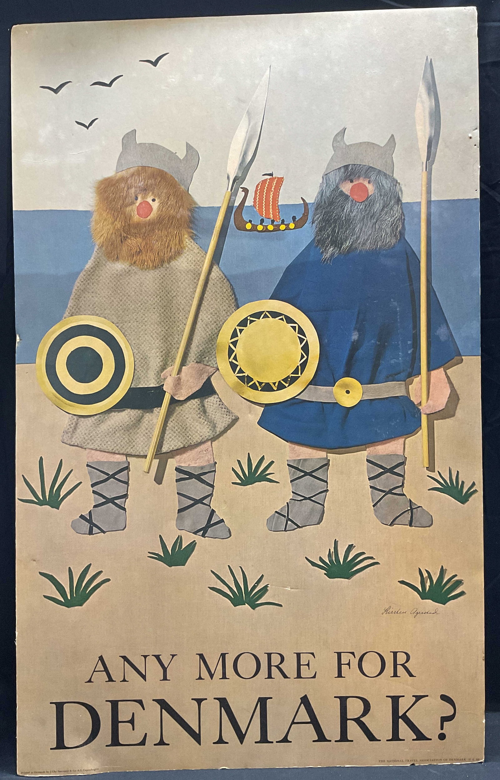 1960s Any More For Denmark Tourism Poster: Circa 1960s Any more For Denmark Danish tourism poster on board. Printed in Denmark by J Chr Sorensen & Co. two Viking figures with ship. Board measures approx 39 x 24.25 inches. Wear including bendin