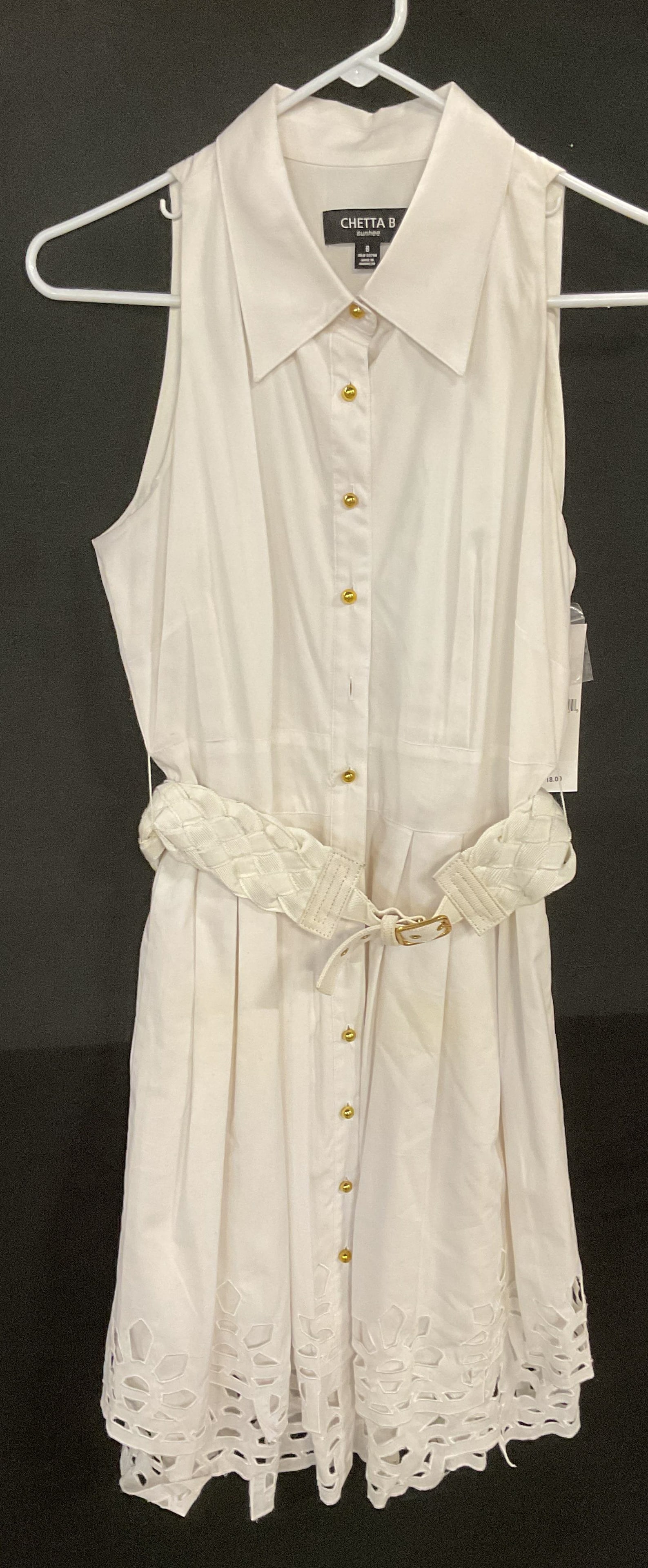 Chetta B Belted White Cotton Shirt Dress NWT: Chetta B belted sleeveless white shirt dress with cutout detail. Size 8. New with tag. Cotton blend. Synthetic lining. Some wear consistent with exposure. Chetta b dress, designer dress, designer fash