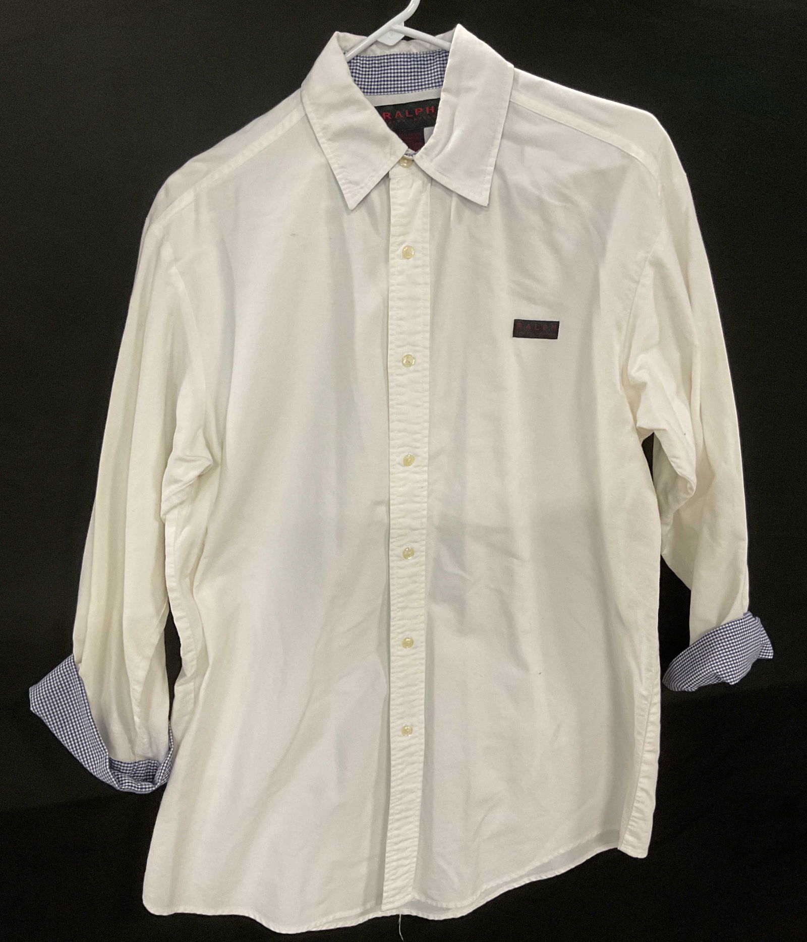 Ralph Lauren White Cotton Button Up Shirt: Ralph Lauren white cotton button up collared shirt with contrast blue trim. Size medium. Some blemishes. Ralph Lauren shirt, designer shirt, designer fashion, button up shirt, collared shirt, long sle