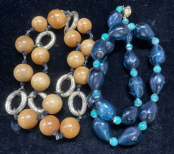 Lot 2 Vtg Wood & Blue Lucite Beaded Necklaces: Lot of 2 Vintage beaded necklace. Wood and blue lucite. Longer drop length approx 13.5 inches. Some wear including scratching observed. Jewelry, estate jewelry, costume jewelry, fashion jewelry, cockt
