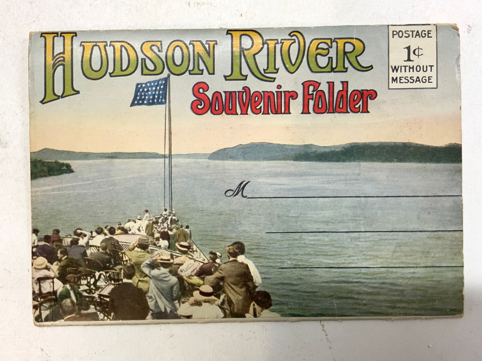 Vintage Hudson River Souvenir Folder 20 Photos: Souvenir holder that contains folded-cut pictures of scenic views, parks, ships & figures. Surface wear consistent to age, use & exposure. Measurements: length 42in x width 6in. Home decor, home acces