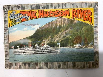 Vintage Hudson River Souvenir Holder 22 Photos: Souvenir holder that contains folded-cut pictures of scenic views, parks, ships & figures. Surface wear consistent to age, use & exposure. Measurements: length 42in x width 6in. Home decor, home acces