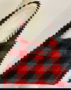 JOHNSON Black & Red Wool Plaid Handbag USA: JOHNSON Black & Red Wool Plaid Handbag USA Handbag featuring a black & red plaid pattern. Signed & marked. Surface wear consistent to age, use & exposure. Measurements: length 17.5in x width 6in x hei