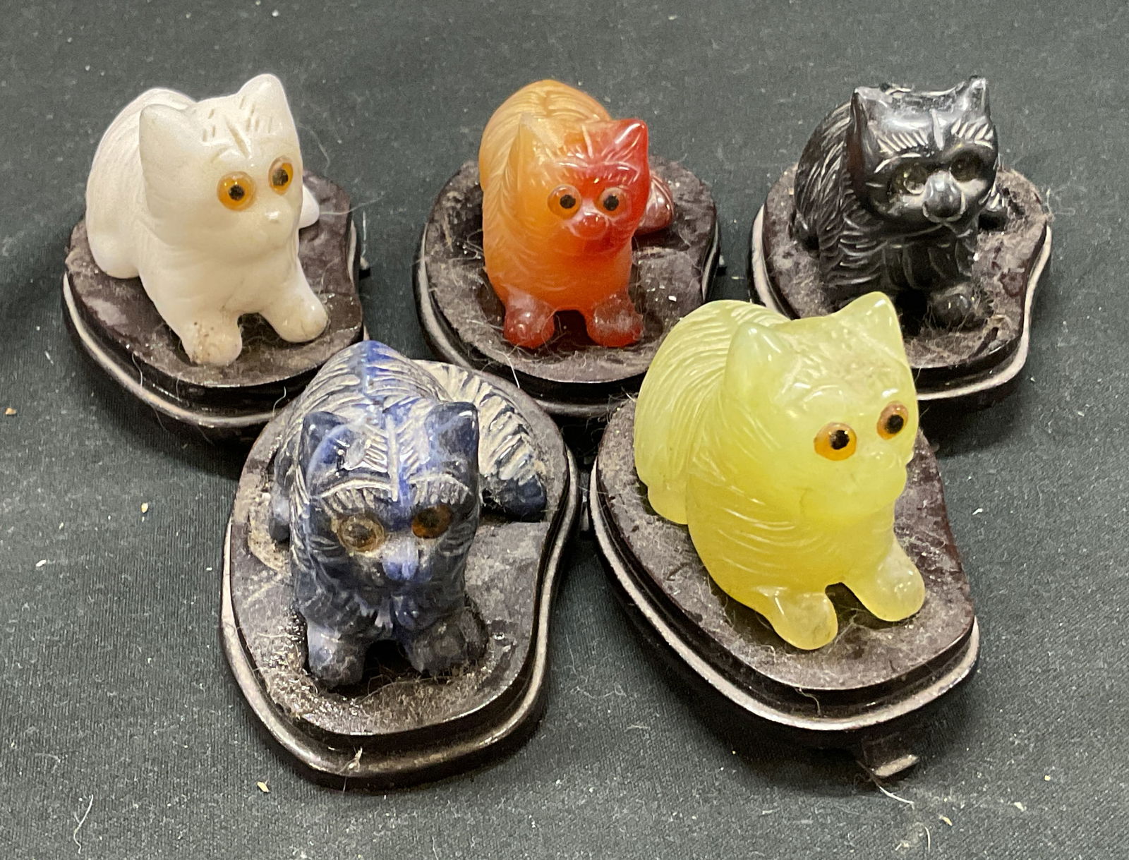 Set 5 Hand Carved Stone Jade Cats w Wooden Stands (1 of 8)