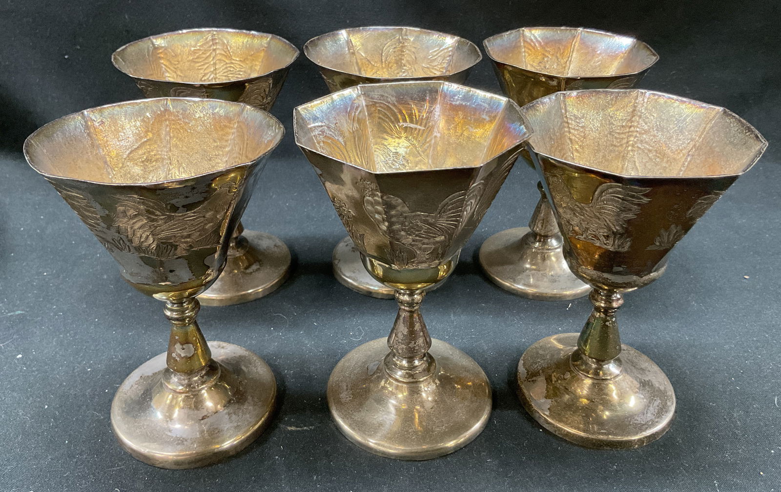 Set 6 Vtg Silver Plated Goblets W Etched Roosters (1 of 7)
