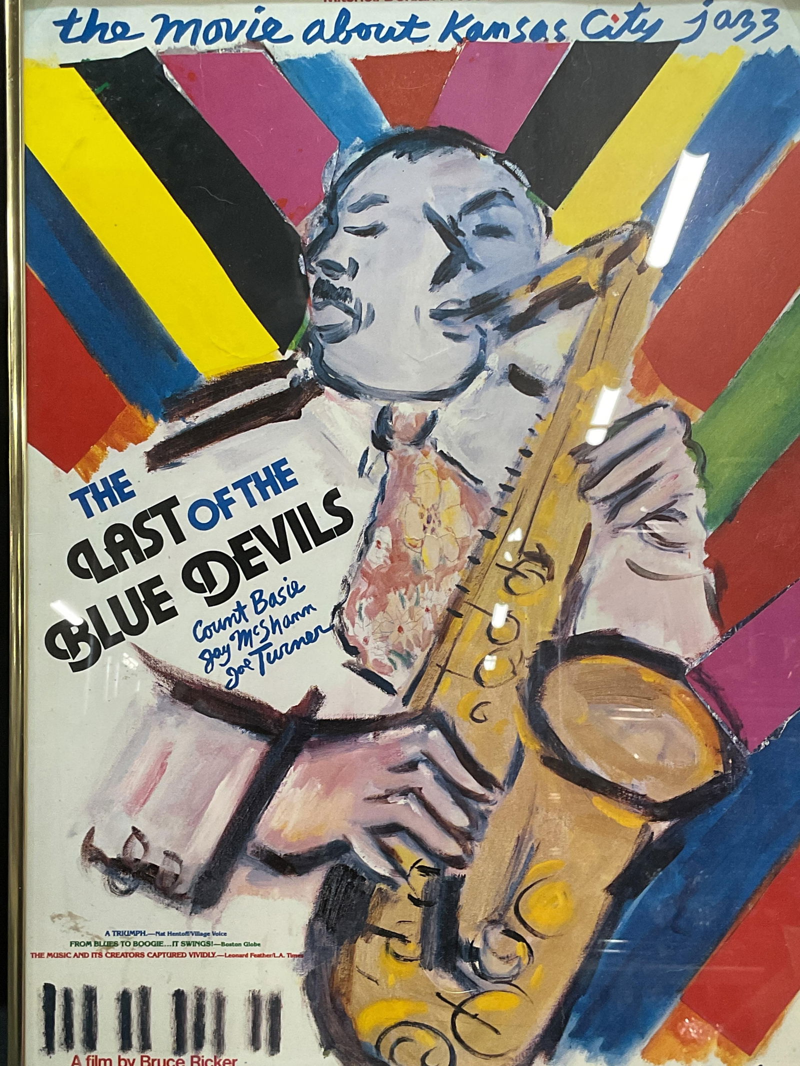 1979 The Last of The Blue Devils Film Poster: Framed film poster. The Last of the Blues Devils (1979). Directed by Bruce Ricker. Artwork by Wayne Ensrud. Gold tone metal frame. Not examined out of frame. Frame measures approx 18.5 x 12.5 inches.