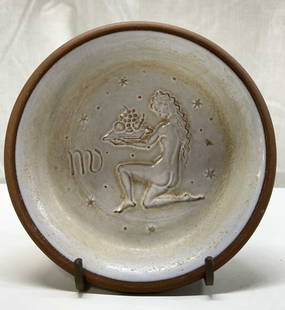 SIGNED Zodiac Scorpio Ceramic Trinket Dish GERMANY: SIGNED Zodiac Scorpio Ceramic Trinket Dish GERMANYTrinket dish featuring a lady kneeling & adorned with small scattered stars. Signed & marked on underside. Reads K.M.K. GERMANY. Surface wear consiste