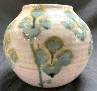Vintage Ceramic Pottery Vessel Slate & Green: Vessel is vintage. Piece is ceramic. Light slate and green toned with floral detail, some areas of drip detail. Vessel measures approximately 6 inches tall 7 inches wide. Vessel, vase, ceramic arts, d