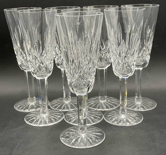 Set 8 WATERFORD Cut Crystal Stemware Glasses: Set of 8 WATERFORD Colorless Cut Crystal Stemware Glasses. Measures approx. 7.25H x 2.5W in. Width measured at the mouths of the glasses. Undersides are signed WATERFORD, signatures are worn. Chipping