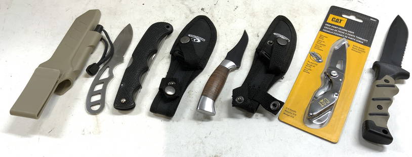 Lot 8 Assorted Knives W Cases: Lot includes 5 knives and 3 knife cases. One knife is in original packaging and trademarked CAT. Two knives & cases trademarked MOSSY OAK. One knife folds. Largest knife measures approximately 10 inch