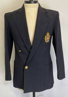 Vtg Ralph Lauren Navy Blue Blazer Jacket USA: Vintage Ralph Lauren navy blue blazer jacket. One breast pocket with embroidered crest. Made in USA. Size 10. 100% wool. Some surface wear consistent with exposure, some staining and discoloration pre