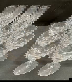Set 22 Cut Crystal Wine Coupe Glasses: Set of 22 total pieces crystal stemware. Wine and coupe glasses. Faceted cut crystal stems. Three sizes. Largest glass approx 2.5 x 7 inches. Glasses have weight. All pieces have some wear including s