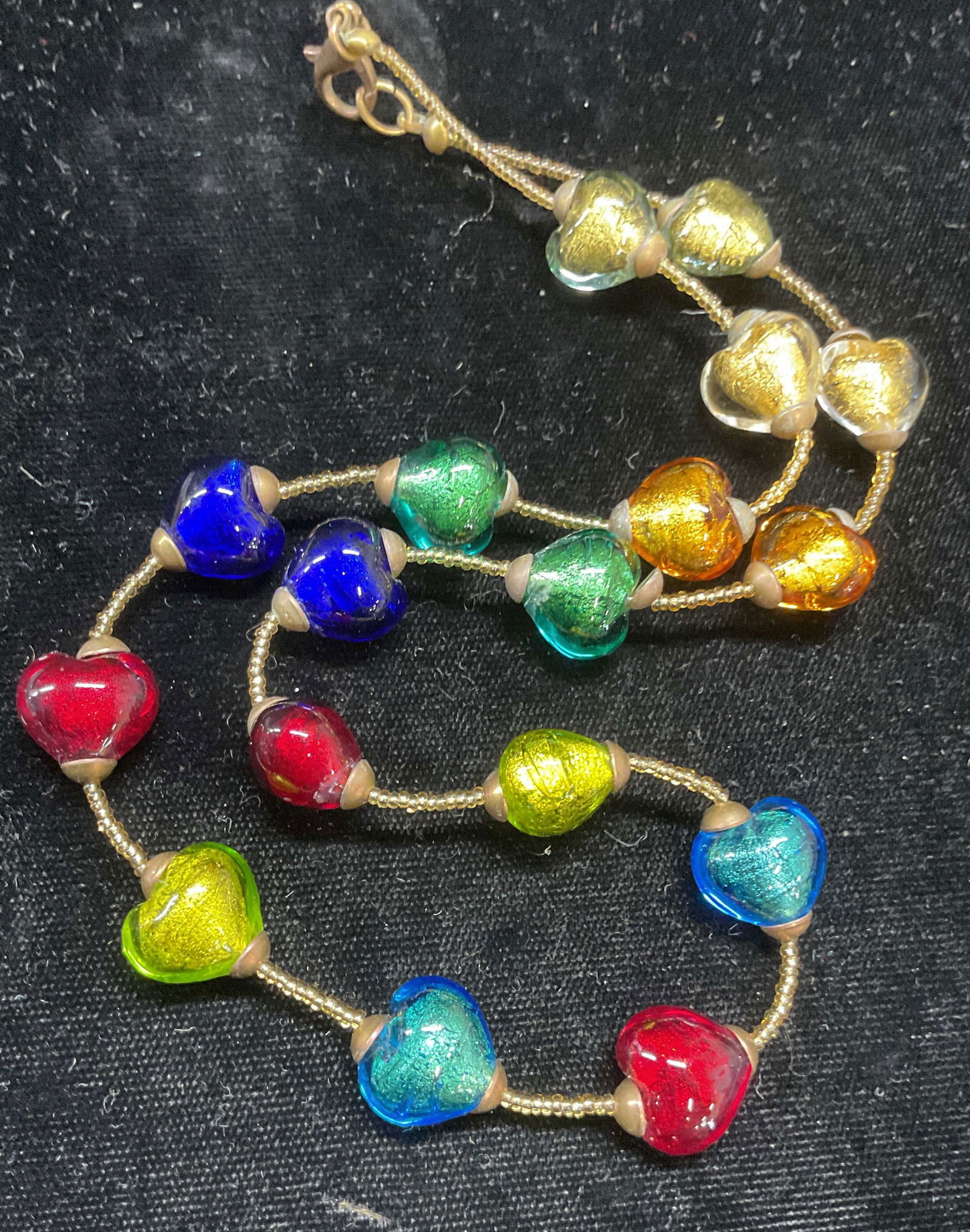 Vintage Gold Tone Art Glass Choker Necklace: Vintage gold tone multicolor art glass choker necklace. Drop length approx 8.5 inches. Some wear including scratching. Jewelry, estate jewelry, costume jewelry, fashion jewelry, cocktail jewelry, acce