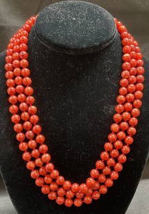 Vintage Red Coral Beaded Necklace: Vintage three strand dyed red coral beaded necklace. Drop length approx 9.5 inches. Some wear including scratching. Jewelry, estate jewelry, costume jewelry, fashion jewelry, cocktail jewelry, accesso
