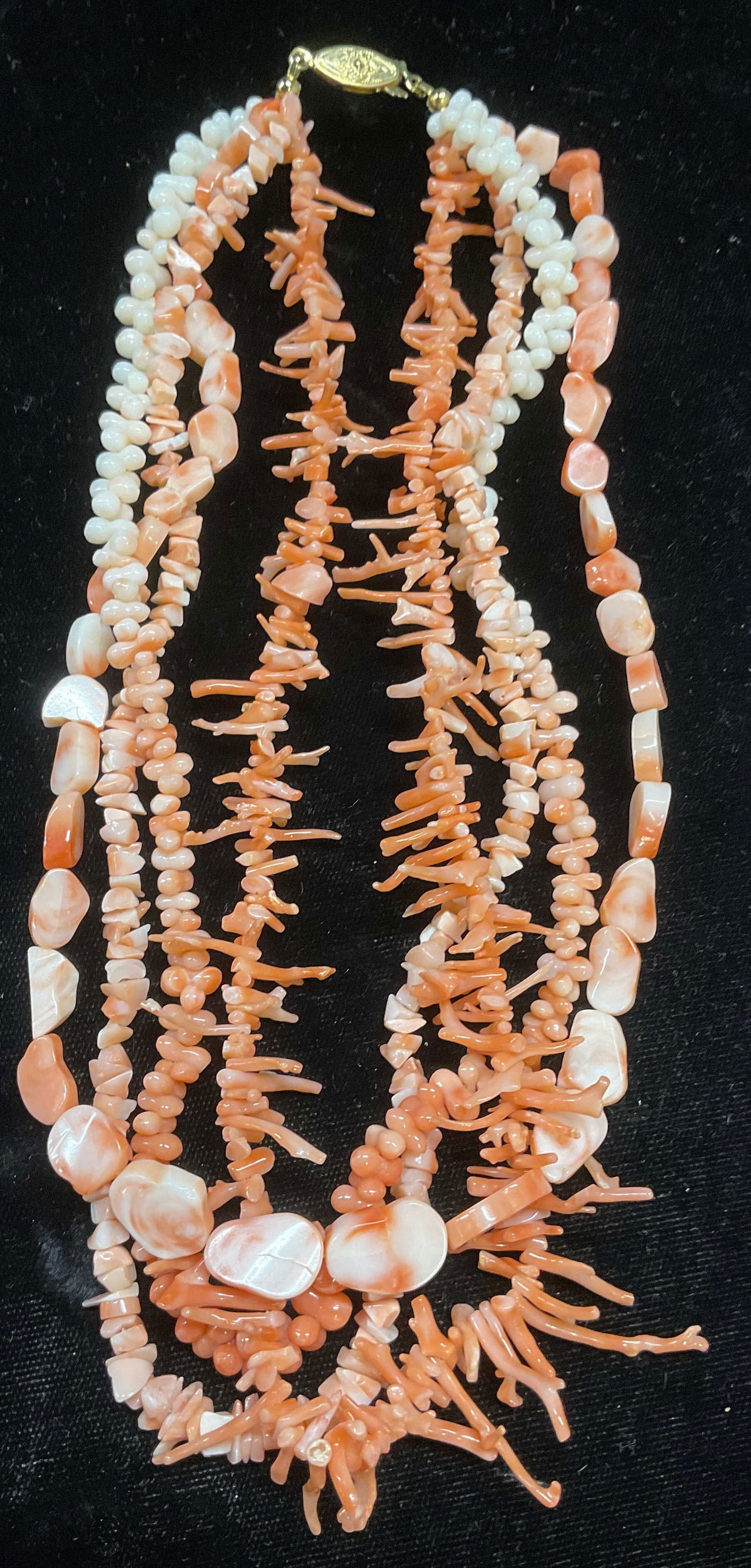 Vintage Pink Coral Branch Beaded Necklace: Vintage multi strand pink coral branch, disc, and chip beaded necklace. Drop length approx 8 inches. Some wear including scratching. Jewelry, estate jewelry, costume jewelry, fashion jewelry, cocktail