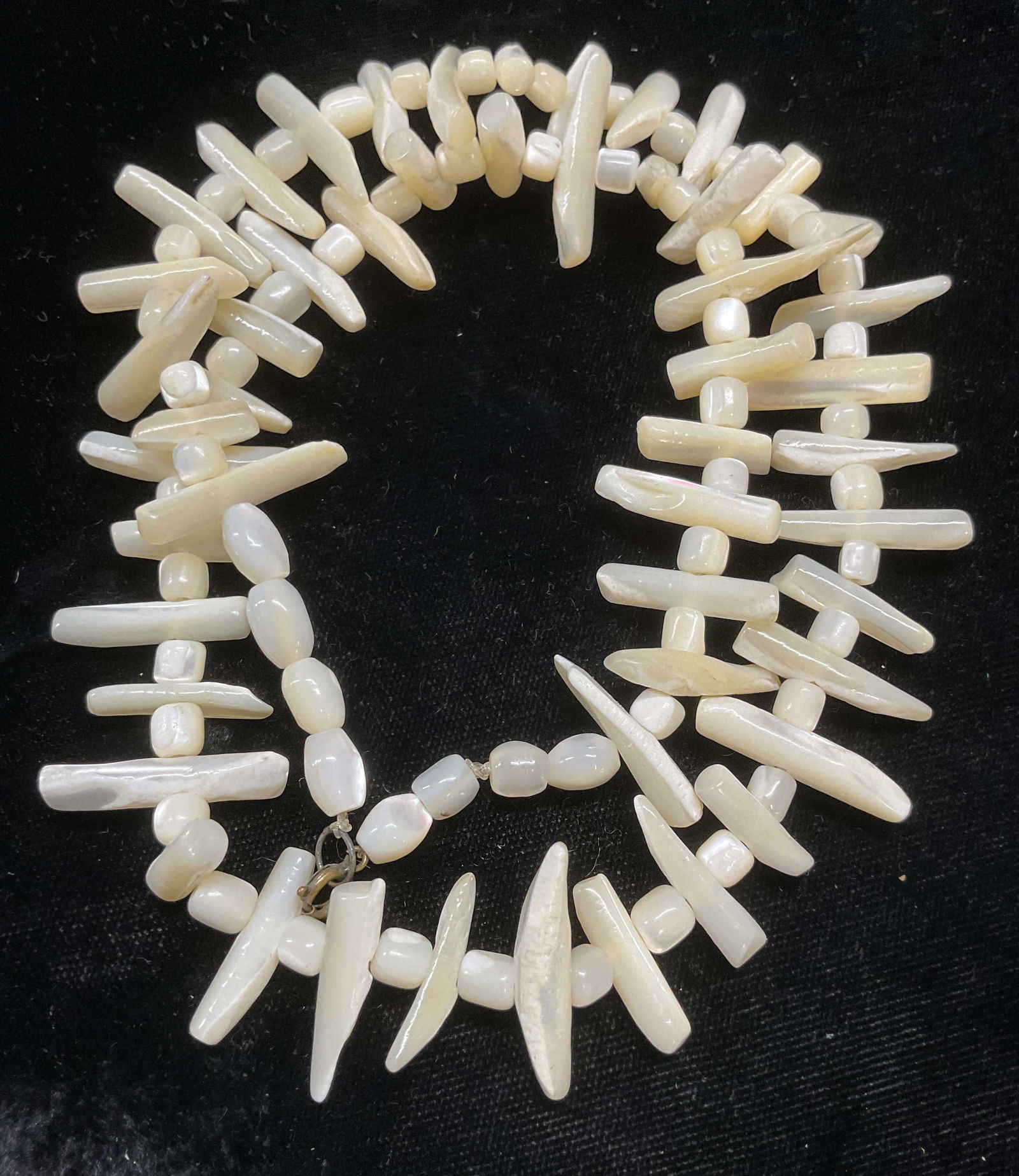Vintage Mother of Pearl Beaded Necklace: Vintage mother of pearl beaded necklace. Drop length approx 10 inches. Some wear including scratching. Jewelry, estate jewelry, costume jewelry, fashion jewelry, cocktail jewelry, accessories, fashion
