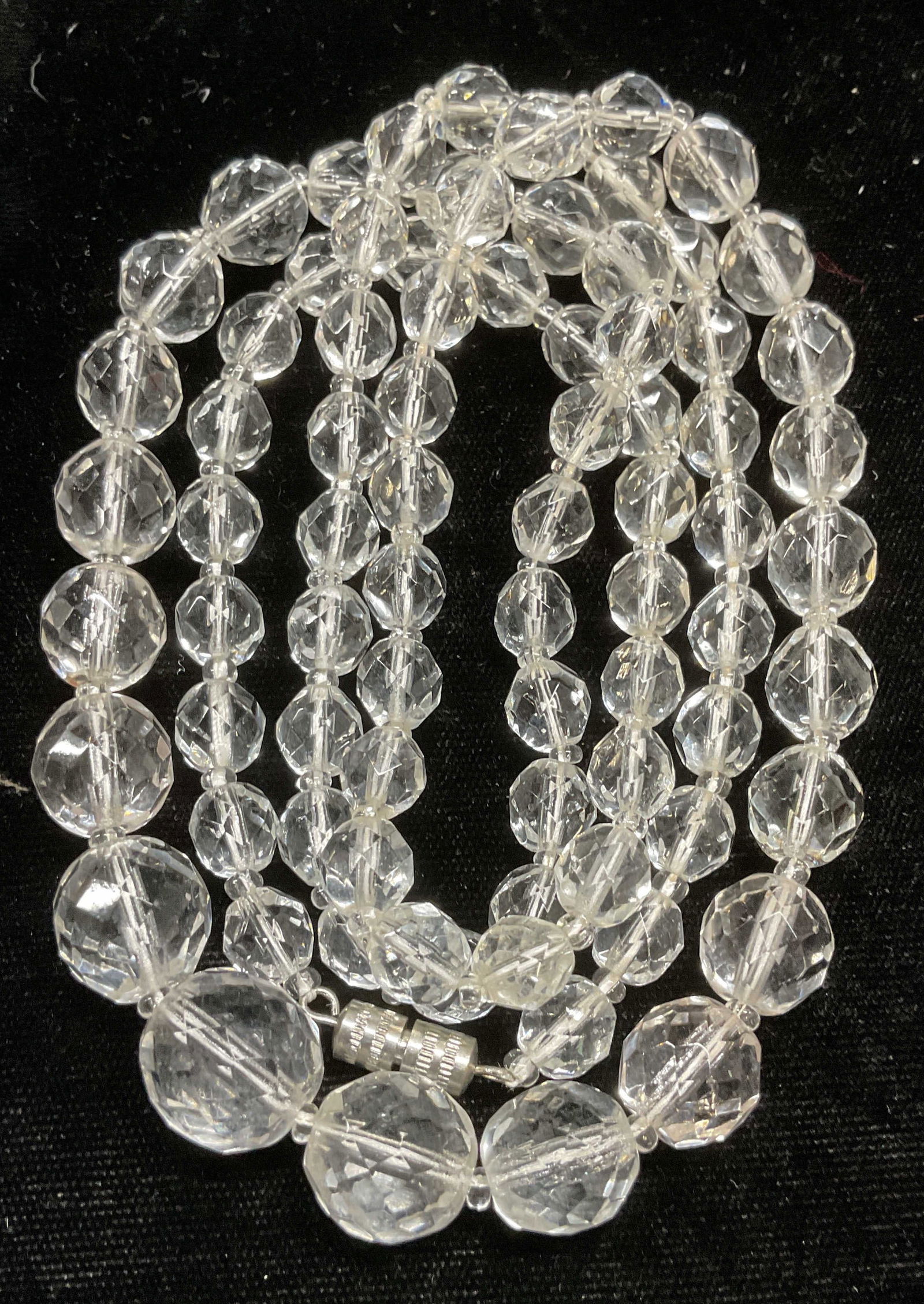 Vintage Clear Crystal Beaded Graduated Necklace: Vintage clear crystal graduated beaded necklace. Drop length approx 16.5 inches. Some wear including scratching. Jewelry, estate jewelry, costume jewelry, fashion jewelry, cocktail jewelry, accessorie