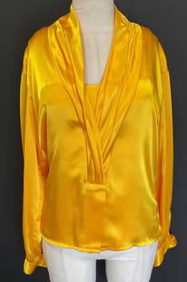 Set 2 Vintage Yellow Silk Blouse Tank Top: Set 2 vintage yellow silk blouse tank top. Button up blouse with matching inner wear tank top. Back buttons on tank top. Size 8. Made in Hong Kong. 100% silk. Some surface wear consistent with exposur