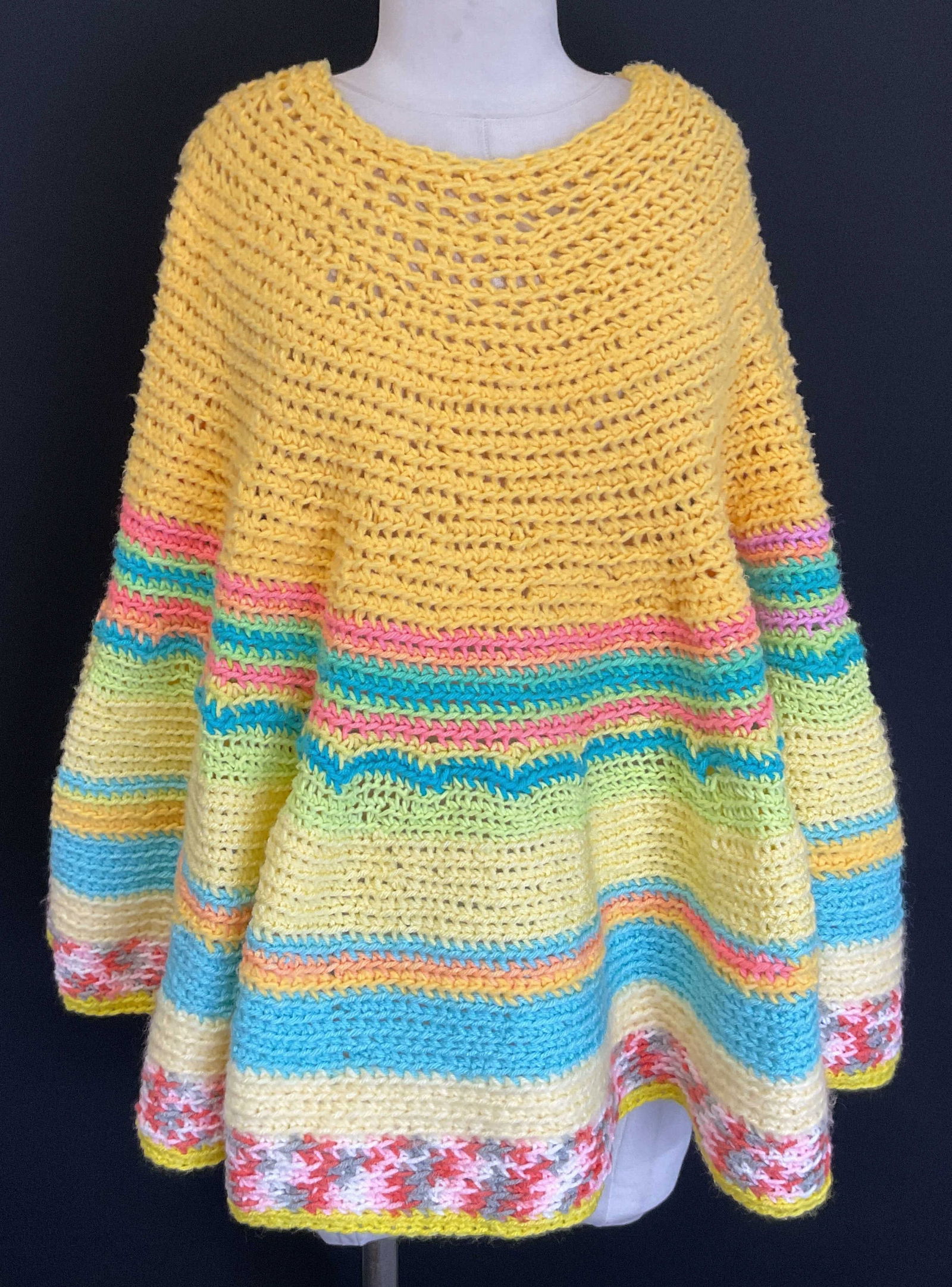 Vtg Crochet Handmade Yellow Blue Top Poncho (1 of 6)