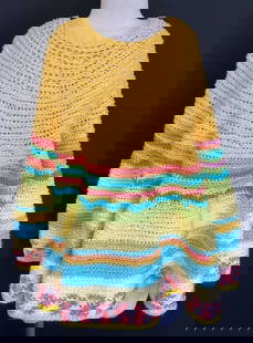 Vtg Crochet Handmade Yellow Blue Top Poncho: Vintage crochet handmade yellow blue top poncho. Hand knit, crochet top, poncho. Horizontal stripe design in yellow, blue, green, pink yarn. Material appears to be acrylic yarn or synthetic mix. 26 in