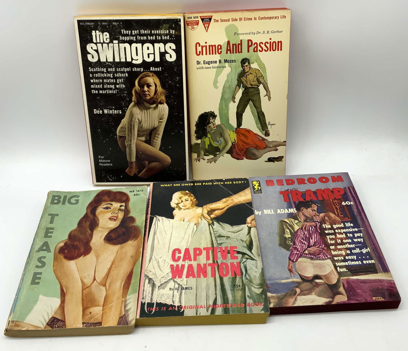 Lot 5 Vntg Pulp Fiction Erotica Books 1960s MOZES+: Lot 5 Vntg Pulp Fiction Erotica Books 1960s MOZES+ 5 erotica books including, Crime & Passion by Dr. Eugene Mozes, The Swingers by Dee Winters, Bedroom Tramp by Bill Adams, Captive Wanton by AL James