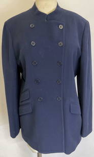 Vtg Ralph Lauren Navy Blue Wool Jacket USA: Vintage Ralph Lauren navy blue wool jacket. Doubled breasted with Padded shoulders. Size petite, 12p. Made in USA if imported fabric. 97% worsted wool. 3% Lycra spandex. Some surface wear consistent w