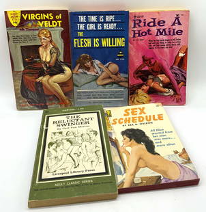 Lot 5 Pulp Fiction Erotica Books 1960-1970s SEEDY+: Lot 5 Pulp Fiction Erotica Books 1960-1970s SEEDY+ 5 erotica books including, Sex Schedule by Rex Weldon, The Reluctant Swinger by Carl Marcus, Ride A Hot Mile by Ian Seedy, The Flesh is Willing by Do
