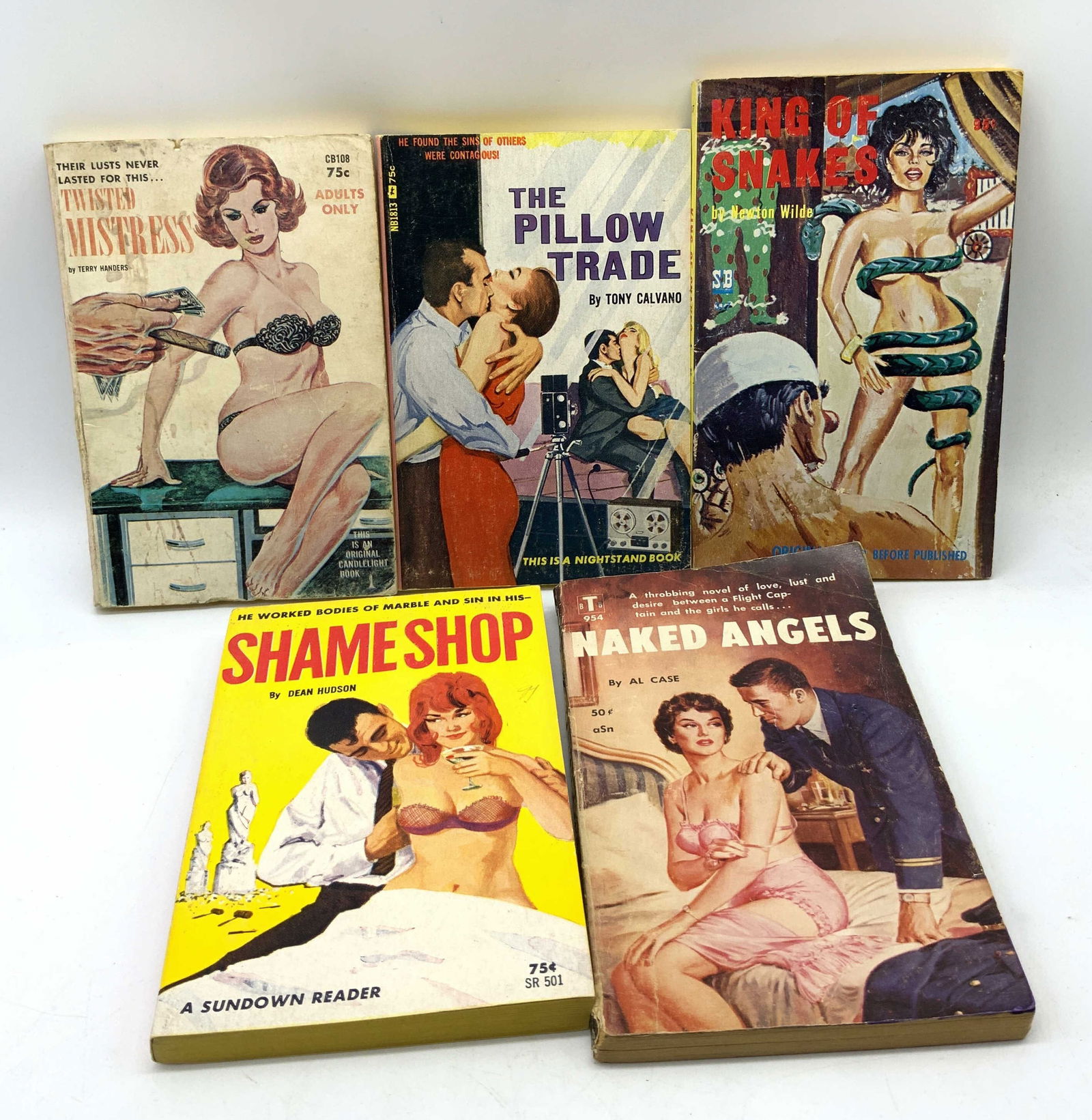 Lot 5 Pulp Fiction Erotica Books 1950-1960s WILDE+: Lot 5 Pulp Fiction Erotica Books 1950-1960s WILDE+ 5 erotica books including, Shame Shop by Dean Hudson, King of Snakes by Newton Wilde, The Pillow Trade by Tony Calvano, Naked Angels by AL Case & Twi