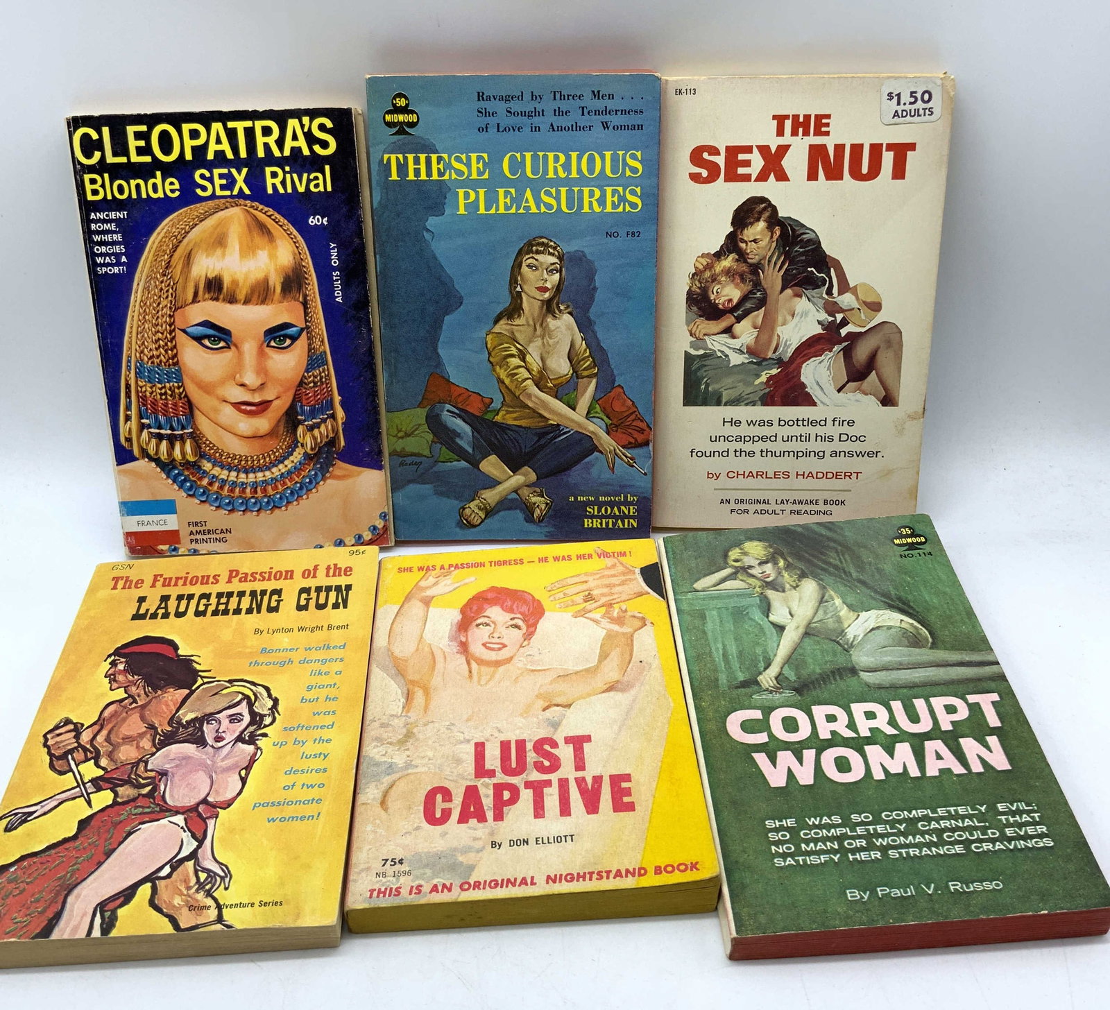 Lot 6 Vntg Pulp Fiction Erotica Books 1960s RUSSO+: Lot 6 Vntg Pulp Fiction Erotica Books 1960s RUSSO+ 6 erotica books including, Lust Captive by Don Elliott, The Sex Nut by Charles Haddert, These Curious Pleasures by Sloane Britain, Corrupt Woman by P