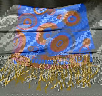 Vtg Pashmina Blue Art Decor Circle Shawl Scarf: Vintage pashmina blue art deco circle shawl scarf. Circular pattern and fringed ends. Blend of pashmina wool and silk. Concentric circles in blue, brown, and yellow. 27 inches wide. Some surface wear