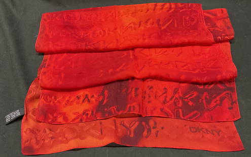Vtg DKNY Red Lettering Silk Seide Scarf Italy: Vintage Donna Karan New York red lettering silk seide scarf. Red scarf with DKNY Lettering pattern designs. Made in Italy. 13 inches wide. Some surface wear consistent with exposure. Donna Karan New Y