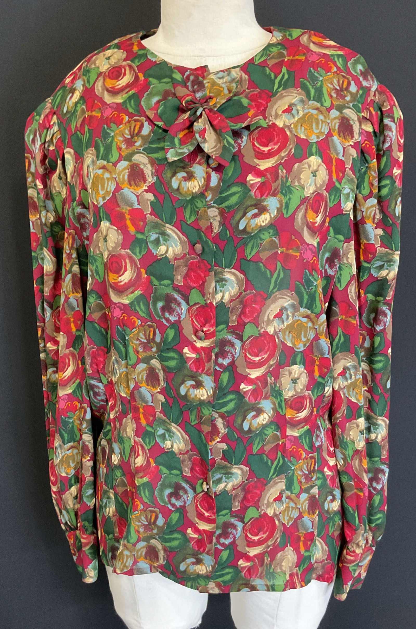 Vtg Francesca of Damon Silk Floral Shirt Korea: Vintage Francesca of Damon silk floral shirt. Pink, magenta, red, green floral pattern shirt. Flower neck accessory attached. Made in Korea. 100% silk. Size 14. Padded shoulders. Some surface wear con
