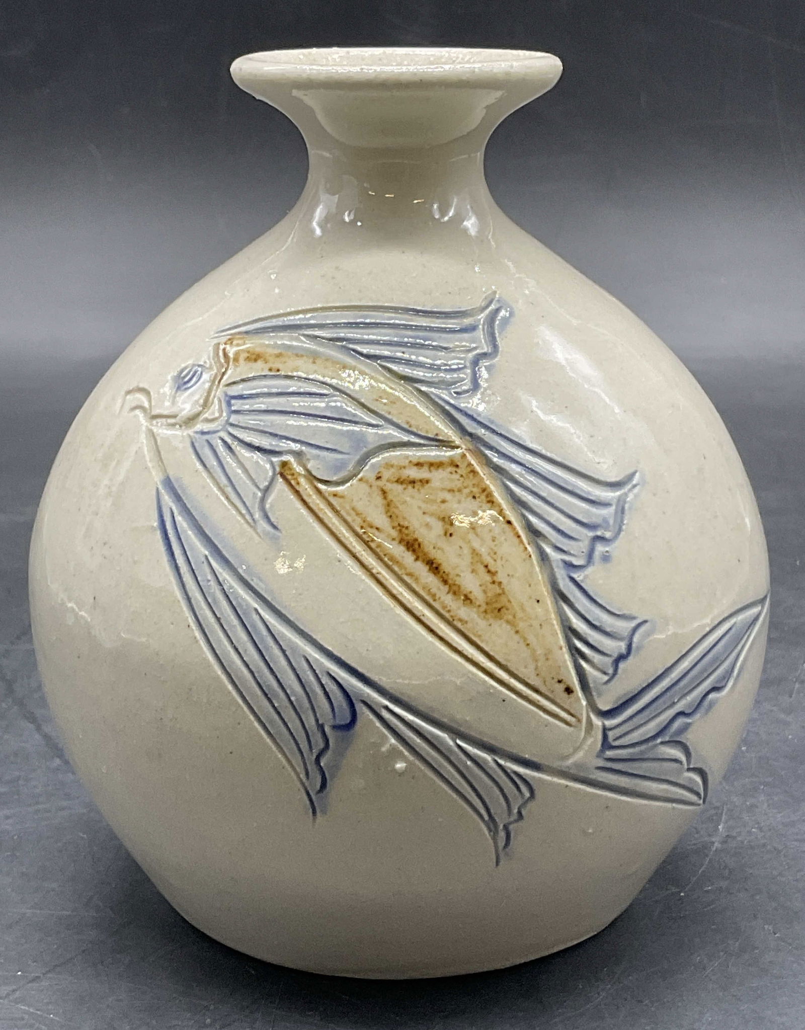 Vintage Handmade Etched Fish Motif Pottery Vase (1 of 7)