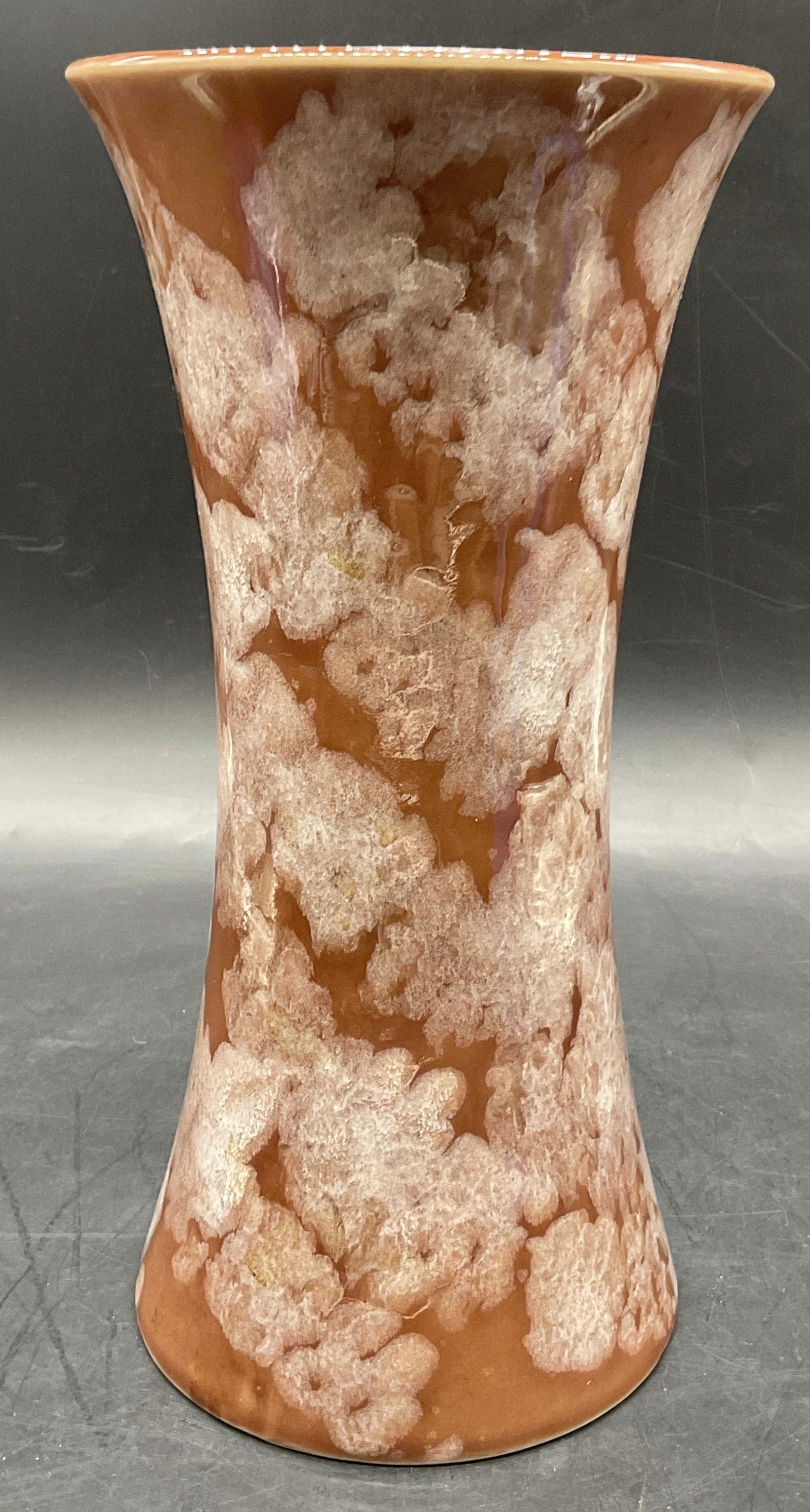 PATMAR Vintage Mottled Glaze Ceramic Vase, Japan: PATMAR Vintage Mottled Glaze Ceramic Vase. Underside sticker reads PATMAR JAPAN. Measures approx. 10H x 5W in. Surface wear consistent with age, use, and exposure. Pitting present. home decor, home ac