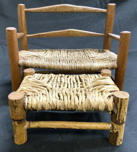 Lot 2 Vtg Wood & Woven Rattan Doll Furniture: Lot includes 1 footstool and 1 loveseat bench. Each piece is vintage and wooden. Each structure has woven rattan areas. Pieces each have box form stretchers in between legs. Loveseat measures approxim