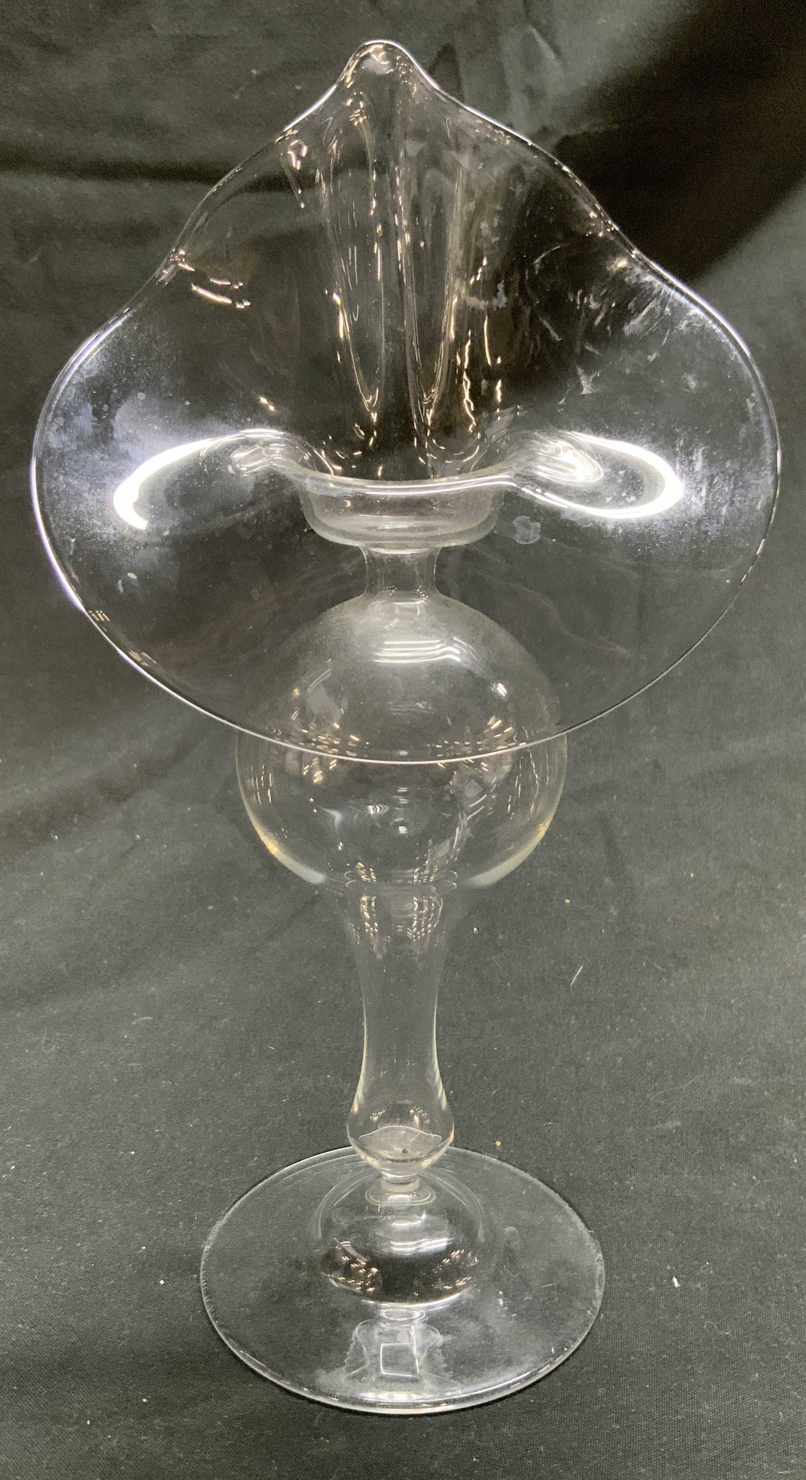 Trademarked Jack In The Pulpit Vase Vessel: Base of stem is trademarked illegibly. Jack in the pulpit vase with floral form top and circular form base. Top of stem has spherical form. Appears to be vintage. Vessel measures approximately 8.25 in