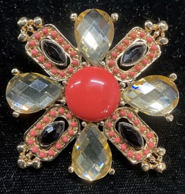 Vintage Gold Tn Crystal Faux Coral Flower Brooch