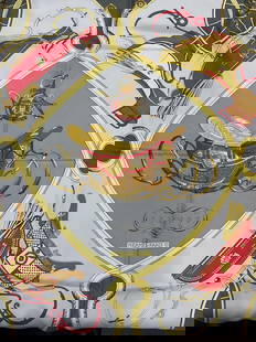 Hermes Spring Silk Equestrian Scarf, France: Hermes Springs scarf. Grey, red and gold. Equestrian carriage motif print. Designed by Philippe Ledoux for Hermes. Hand rolled edges. Silk twill. Made in France. Measures approx 34 x 34 inches. Some b