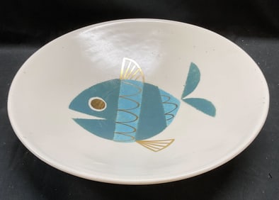 Vintage Hand Painted Ceramic Blue Fish Bowl