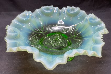 Vtg Jefferson Glass Green Opalescent Footed Bowl