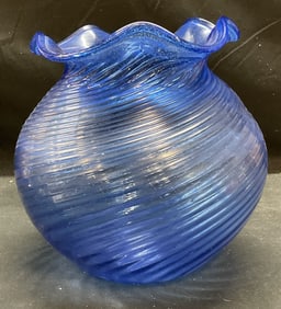 Hand Blown Blue Art Glass Ribbed Ruffle Vase