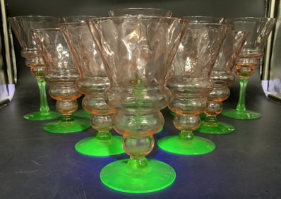 TIFFIN 11 Vtg Pink & Grn Watermelon Wine Glasses