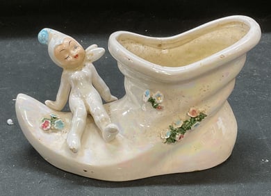 Vtg Iridescent Ceramic Pixie Elf Boot Planter Vase