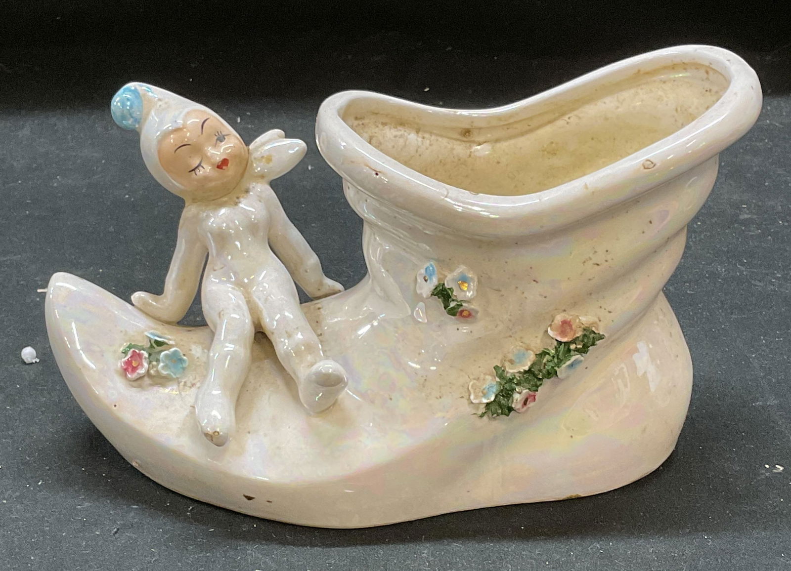 Vtg Iridescent Ceramic Pixie Elf Boot Planter Vase (1 of 6)