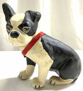 Vintage Cast Iron Boston Terrier Door Stop: Door stop is vintage and iron. Piece is vintage. Depicts a seated Boston Terrier figure. Door stop appears to be hand painted. Measures approximately 7.25 inches tall & wide 3 inches deep. Door stop,
