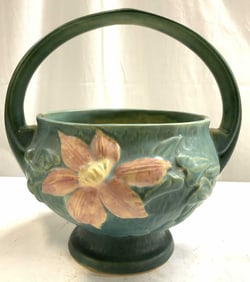 ROSEVILLE USA Majolica Ceramic Floral Bskt W Hndl