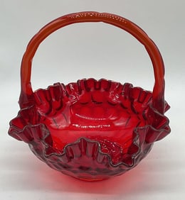 Vintage Ruby Red Art Glass Handkerchief Basket